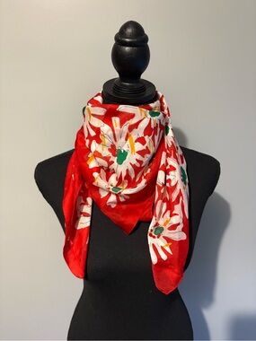 Red Floral Vintage Italian Silken Scarf with White & Green Accents